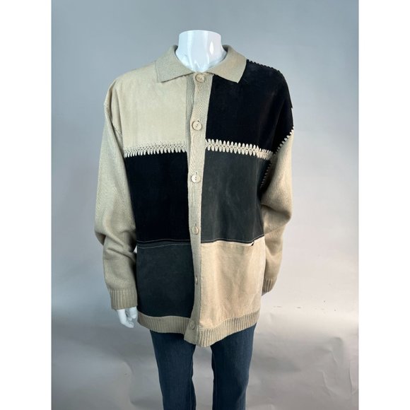 Virgola Uomo Patchwork Sweater Cardigan Size XL Beige Suede Suede, Ramie - Picture 12 of 16